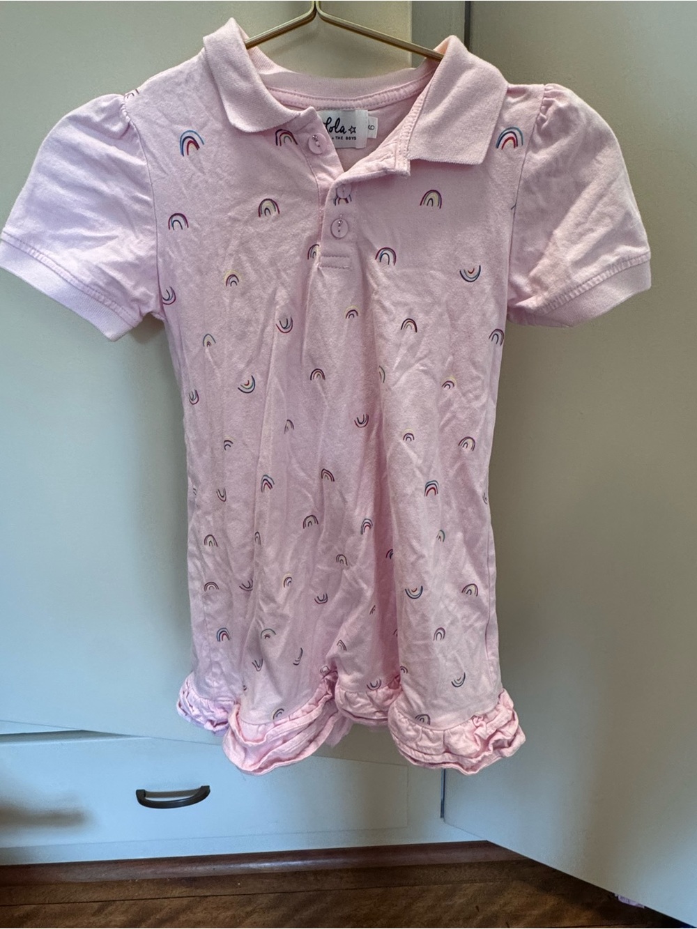Lola + The Boys Light Pink Polo dress with Tiny Rainbow Print